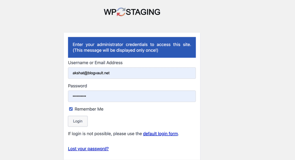 WP Staging login page for staging site